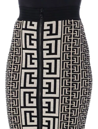 Shop Balmain Monogrammed Midi Skirt In Black Ivory