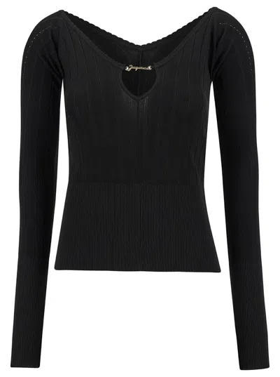 Shop Jacquemus Black Long Sleeve Top With Logo Detail And Cut-out In Viscose Blend Woman