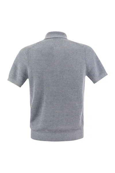 Shop Brunello Cucinelli Linen And Cotton Half-rib Knit Polo Shirt With Contrasting Detailing In Blue