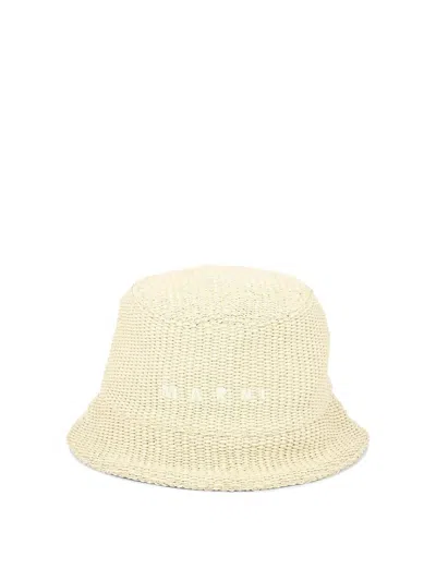 Shop Marni Raffia Bucket Hat With Logo Embroidery In Beige