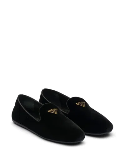 Shop Prada Triangle-logo Velvet Loafers In Nero
