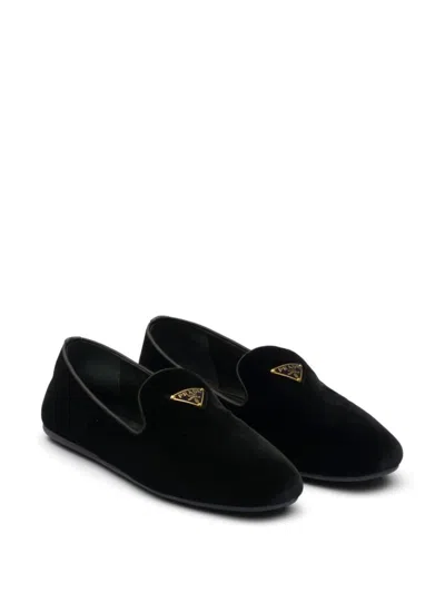Prada Triangle Logo Velvet Loafers In Black