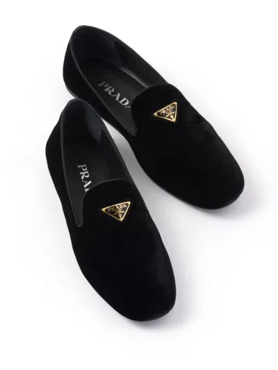 Shop Prada Triangle-logo Velvet Loafers In Nero