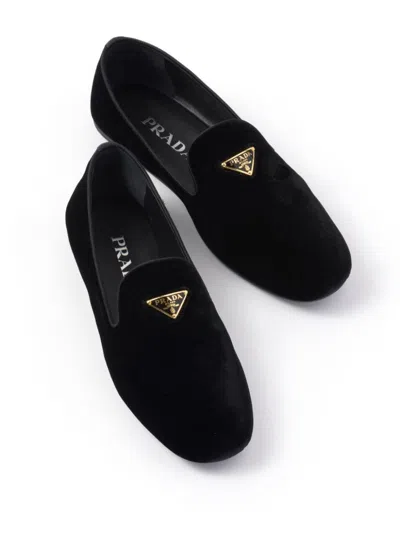 Prada Triangle Logo Velvet Loafers In Black