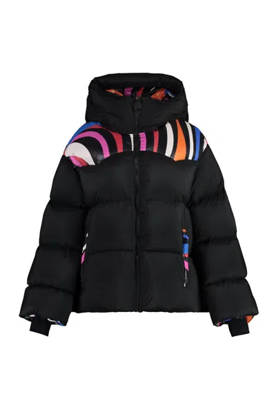 Shop Pucci Hooded Nylon Down Jacket In Black