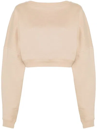 Saint Laurent Logo-embroidered Cropped Sweatshirt In Nude & Neutrals
