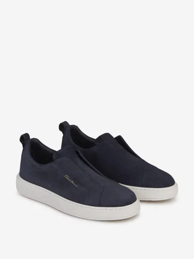 Shop Santoni Leather Slip-on Sneakers In Blau Nit