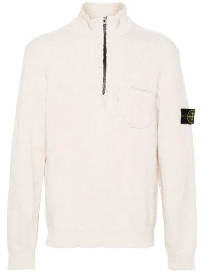 Shop Stone Island Half Zipper Bouclé Sweater Clothing In White