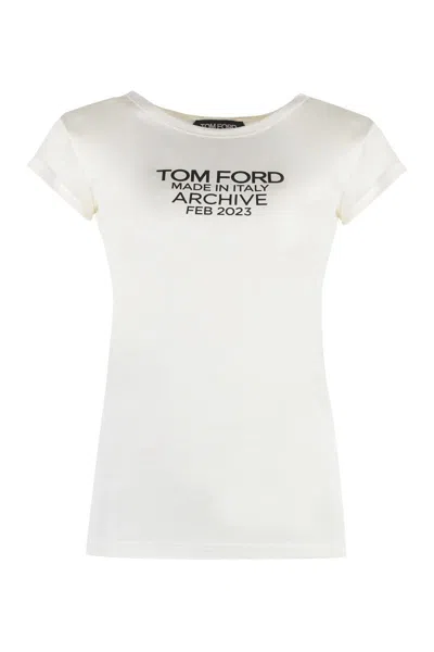 Tom Ford Silk T-shirt With Cap Sleeves And Printed Design In Beige