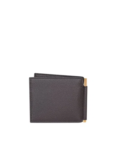 Tom Ford Brown Soft Grain Leather Money Clip Wallet In Brown