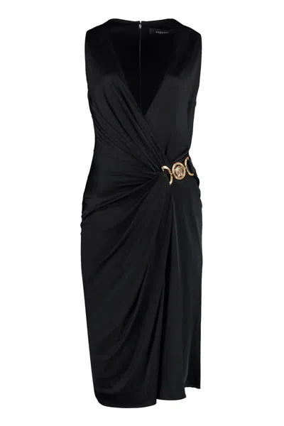 Versace Box-pleat Sleeveless Midi Dress In Black