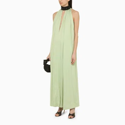 Shop Ferragamo Green Viscose Long Dress With Contrasting Collar