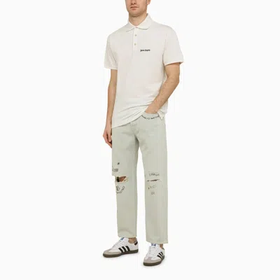 Palm Angels White Polo Shirt With Classic Collar And Logo On The Front