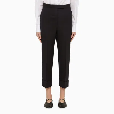 Shop Thom Browne Navy Blue Wool Trousers With Lapels