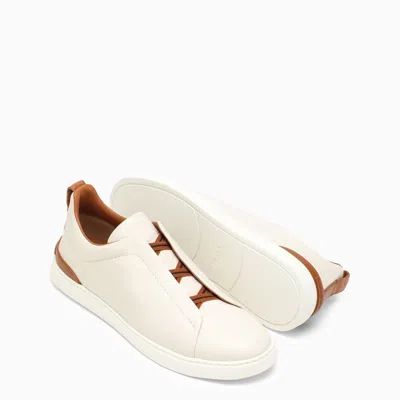 Shop Zegna White Leather Triple Stitch Sneakers