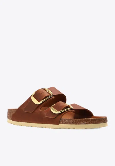 Shop Birkenstock Arizona Big Buckle Leather Slides In Brown