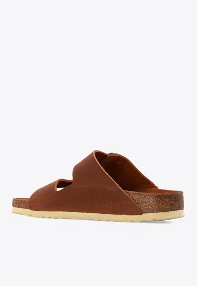 Shop Birkenstock Arizona Big Buckle Leather Slides In Brown