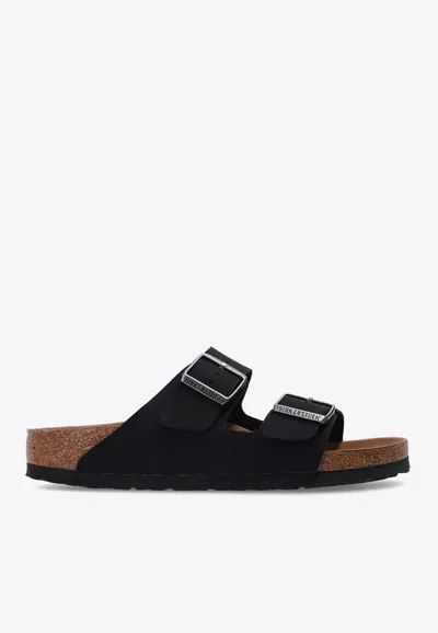 Shop Birkenstock Arizona Vegan Logo-detail Slides In Black