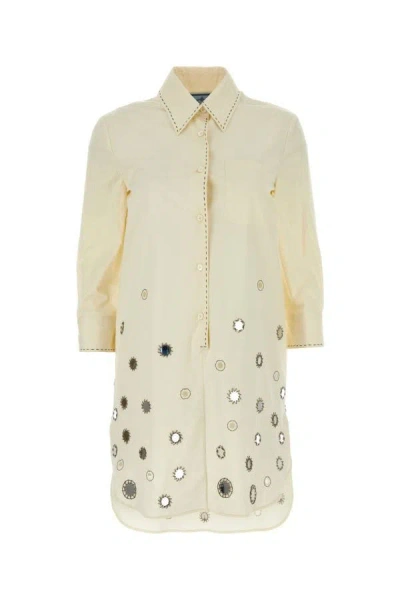 Shop Prada Woman Sand Cotton Shirt Dress In Brown
