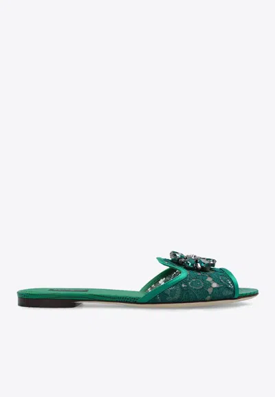 Dolce & Gabbana Lace Flat Sandals Crystal Embellishments In Emerald