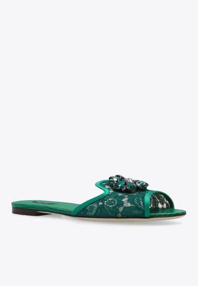 Dolce & Gabbana Lace Flat Sandals Crystal Embellishments In Emerald