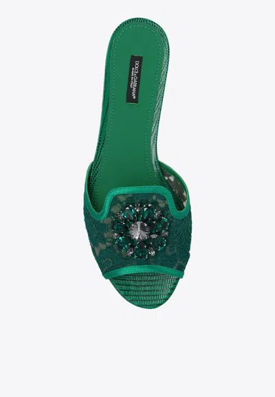 Dolce & Gabbana Lace Flat Sandals Crystal Embellishments In Emerald