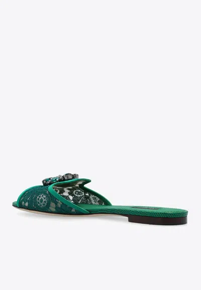 Shop Dolce & Gabbana Bianca Crystal Lace Flat Sandals In Emerald
