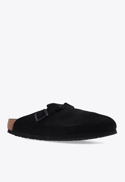 Shop Birkenstock Boston Leather Buckled Slippers In Black
