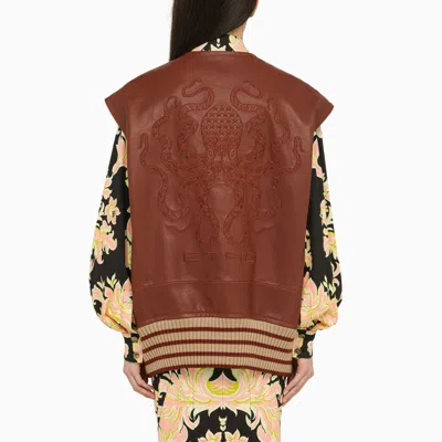Shop Etro Brown Leather Maxi Waistcoat