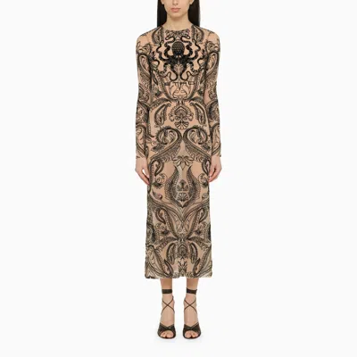 Shop Etro Sand Coloured Sheath Dress In Stretch Tulle