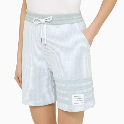 Shop Thom Browne Light Blue Striped Cotton Bermuda Shorts