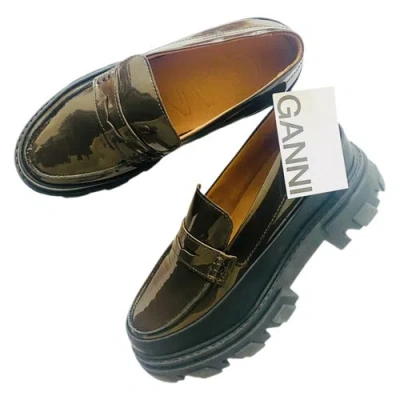 Pre-owned Ganni Patent Leather Flats In Brown