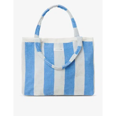 Shop Sunnylife Cream And Blue Stripe-print Two-in-one Beach Towel And Bag 90cm X 164cm