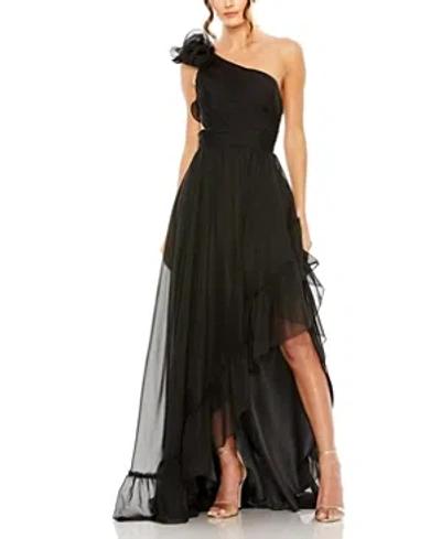 Shop Mac Duggal Ruffled One Shoulder Asymmetrical Gown In Black