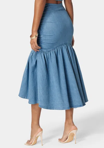 Bebe Ruched Drawcord Hi Lo Flared Hem Denim Skirt In Light Blue Wash