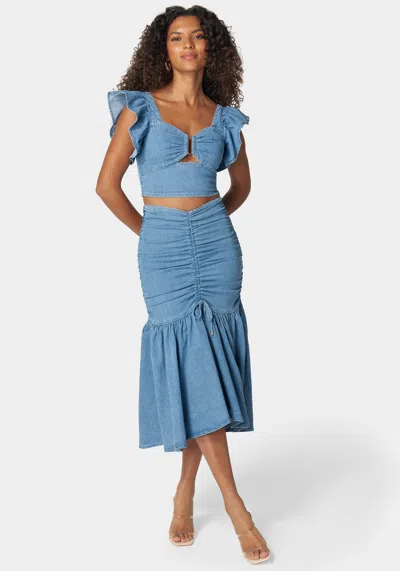 Shop Bebe Ruched Drawcord Hi Lo Flared Hem Denim Skirt In Light Blue Wash
