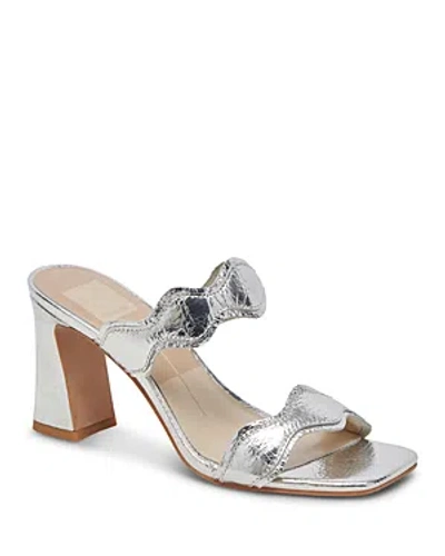 Shop Dolce Vita Women's Ilva Square Toe Scalloped Strap High Heel Sandals In Silver Disstressed Leather