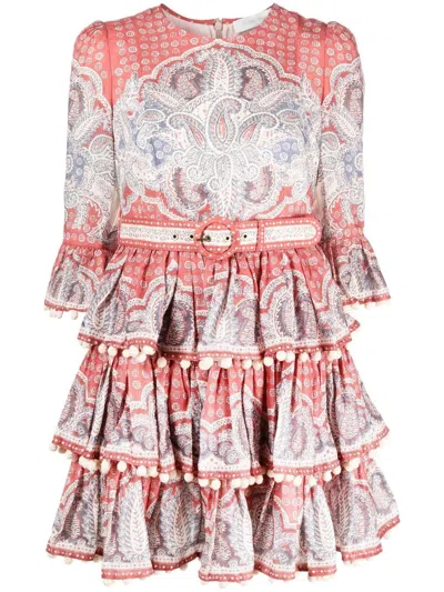 Shop Zimmermann Vitali Tiered Hem Mini Dress Indigo/ruby Paisley