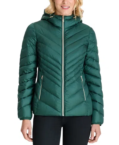 Shop Michael Kors Women's Green Chevron Double Layer Zipper 3/4 Hooded Packable Coat