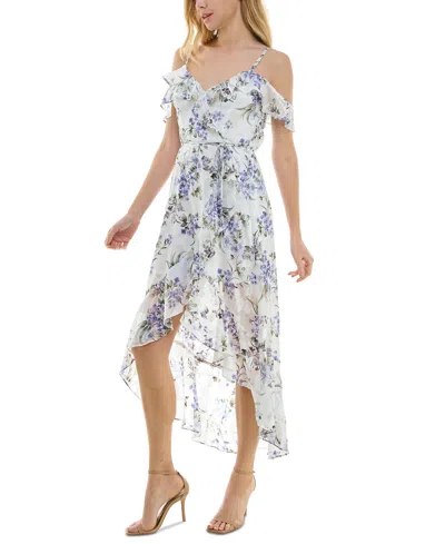 Shop Bcx Juniors' Printed Ruffled High-low Faux-wrap Dress In Ivory,purple,green