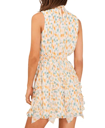 Shop 1.state Women's Printed Smocked Sleeveless Mock Neck Ruffled Mini Dress In Symphonic Sunset