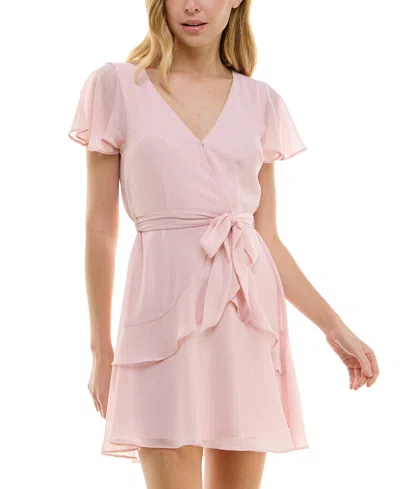 Shop Bcx Juniors' Textured Flutter-sleeve Tie-waist Fit & Flare Dress In Blush