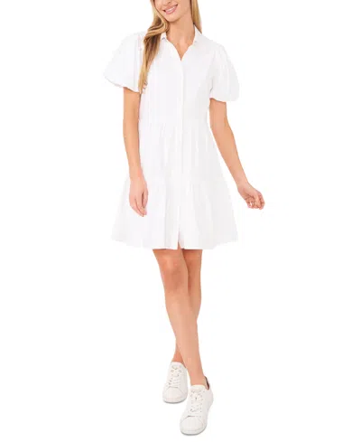 Shop Cece Women's Collared Puff-sleeve Tiered Shirtdress In Ultra White