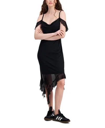 Shop Tinseltown Juniors' Mesh Ruffle Midi Dress In Black