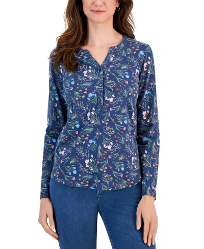Shop Style & Co Women's Printed Henley Knit Shirt, Created For Macy's In Navy Floral