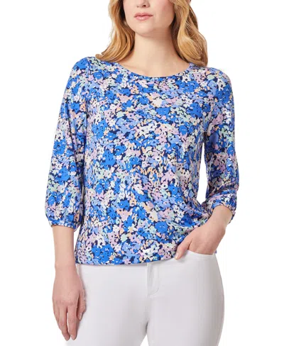 Shop Jones New York Petite Floral-print 3/4-sleeve Top In Blue Horizon