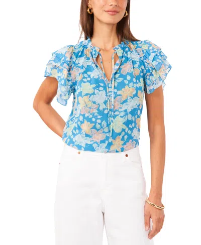 Shop 1.state Women's Floral Tie Neck Short Flutter-sleeve Blouse In Naples Blue
