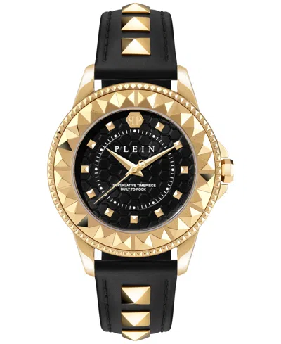 Shop Philipp Plein Women's Lady Rock Gold-tone Studded Black Leather Strap Watch 38mm