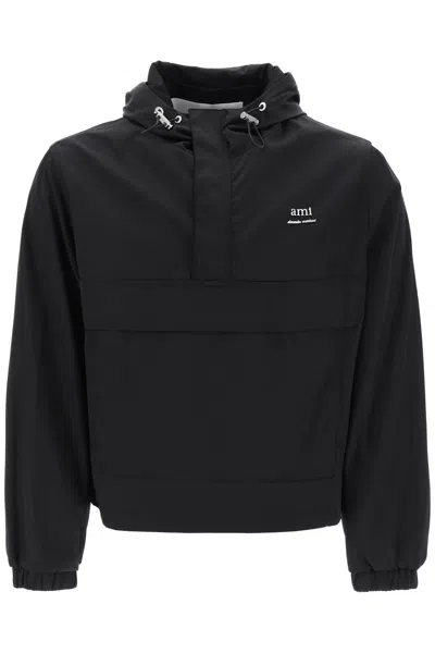 Shop Ami Alexandre Mattiussi Ami Paris Windproof Anorak Jacket With Hood In Black