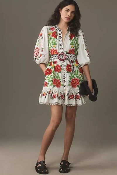 Shop Farm Rio Carmina Short-sleeve Embroidered Floral Mini Dres In Multicolor